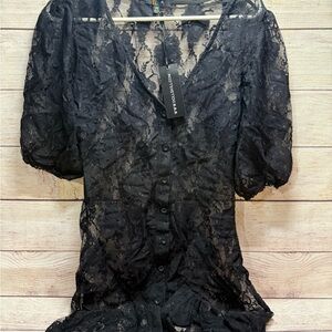 dELiA*s Black Lace Puff Sleeve Blouse Sz Med NWT Button Up